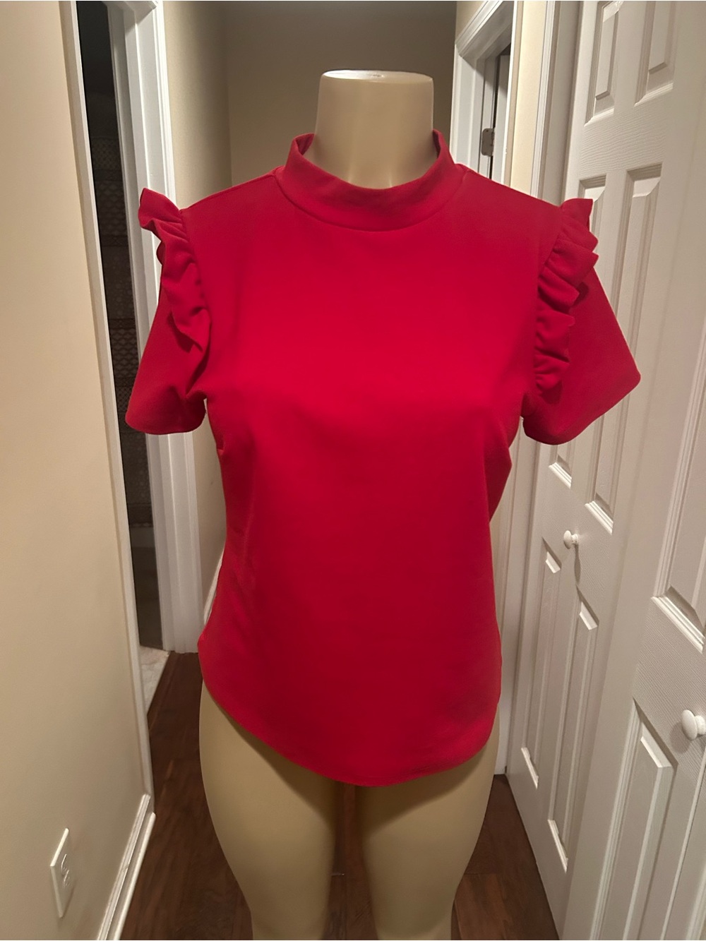 Red Ruffle Sleeve Mock Neck Women’s Top